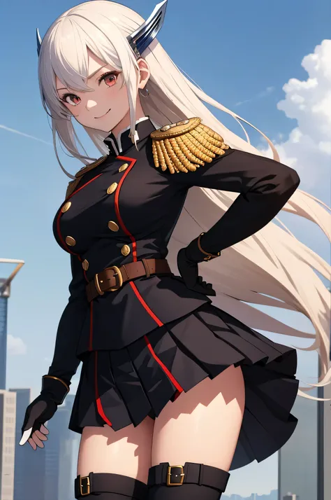 masterpiece, best quality, absurdres, perfect anatomy, 1girl, solo, KyoukaUzen, hair ornament, military uniform, white gloves, epaulettes, belt, pleated skirt, black skirt, thigh boots, smile, hands on the hips, outdoors,