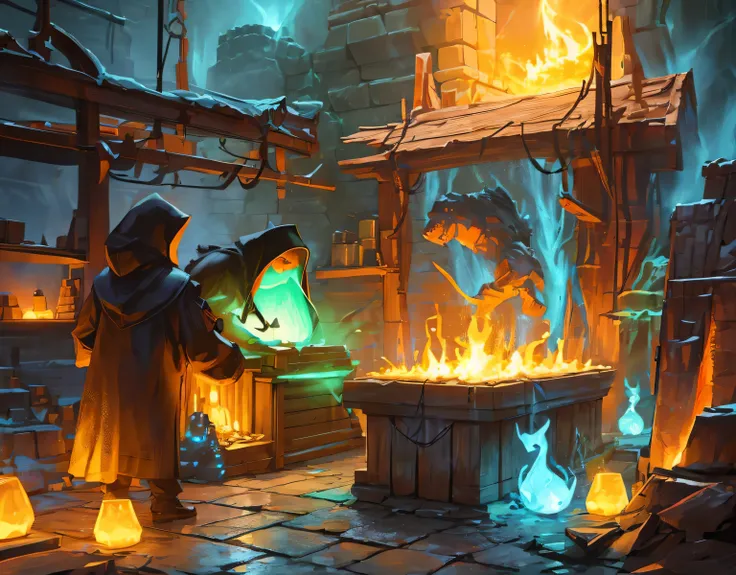 Best quality,4k,8K,A high resolution,Masterpiece:1.2,ultra detailed,(Realistic,photoRealistic,photo-Realistic:1.37),fantasy,blacksmith shop,complex tools,glowing embers,molten metal,Fiery sparks,blacksmith hammer,anvil,armor parts,air, filled with smoke,cr...