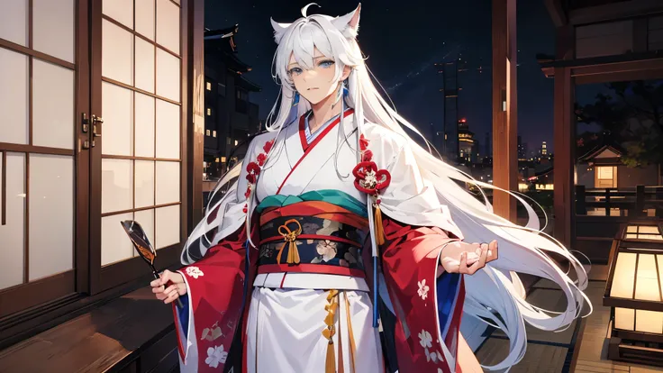 Male, long hair, tall, muscular, blue eyes, white hair, kimono, Japanese, 