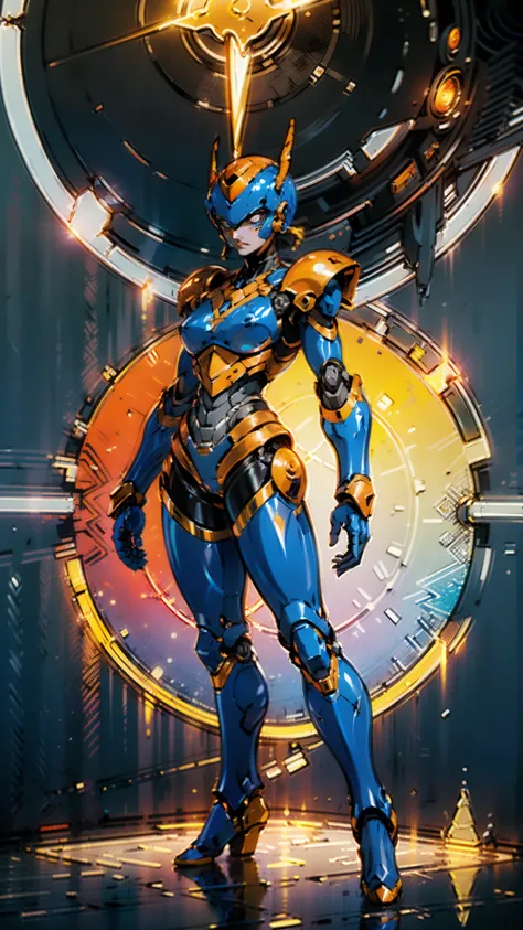 A woman adorned in fantasy-style full-body armor, a crown-concept fully enclosed helmet that unveils only her eyes, a composite layered chest plate, fully encompassing shoulder and hand guards, a lightweight waist armor, form-fitting shin guards, the overa...