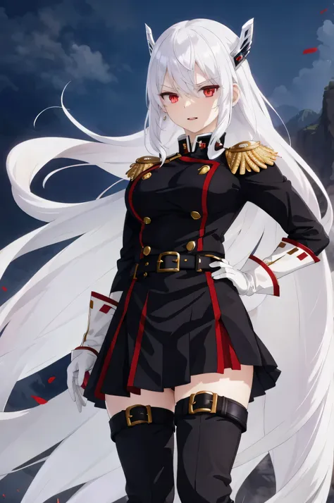 footstomp,white hair,red eyes,kyoukauzen, hair ornament military uniform, white gloves, epaulettes, belt, pleated skirt, black s...