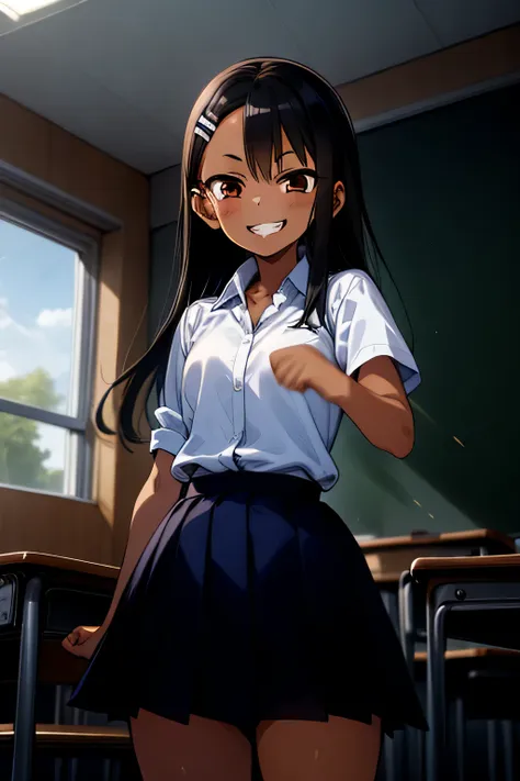 1girl, cowboy shot, grin, classroom, fighting stance, 
nagatoro_hayase, brown eyes, black hair, long hair, dark skin, dark-skinn...