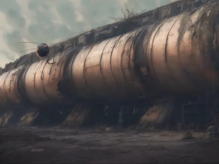 there is a spherical robot in the form of satellite-1, which flies over a large pipe, in a post-apocalyptic wasteland, post-apoc...