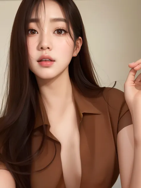 um close up de uma mulher com cabelos longos vestindo uma camisa marrom, gorgeous young mulher coreana, beautiful south mulher coreana,  coreana, beautiful young mulher coreana, Jaeyeon Nam, Heonhwa Choe, bae suzy, Sun Yunjoo, Ulzzang, Lee Ji-eun, Lee Ji-E...