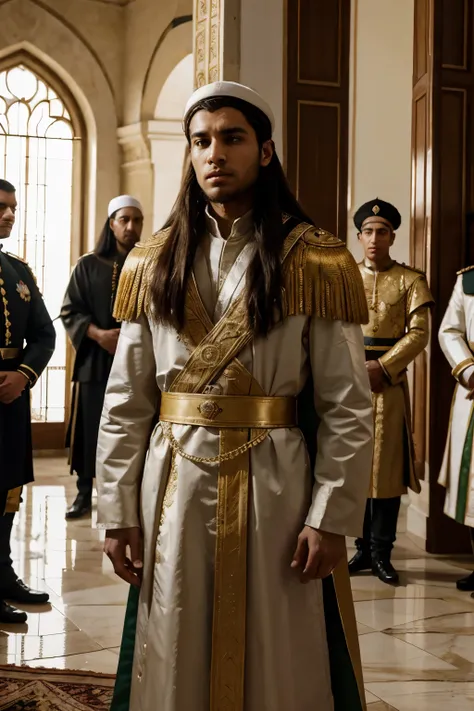 Scene 1: The Ascension
The young Abd-ar-Rahman III stands before the court, clad in royal robes, as he is proclaimed the new caliph of Cordoba. He looks out at the gathered nobles and advisers, determination shining in his eyes. Despite his youth, he is re...