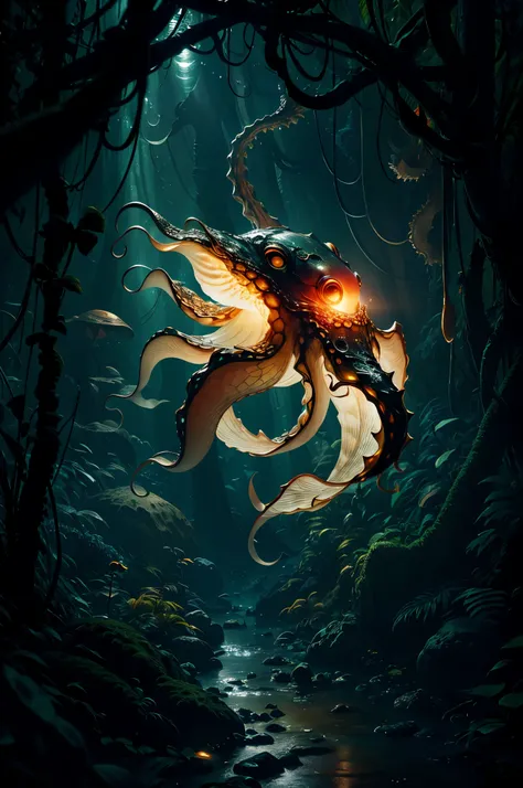 Big Octopus transparent and lighting body, walking on all six legs, (((cuttlefish head))), ((four eyes)), six leghs, in the jungle, jungle, rain forest, high image quality, realistic look, high-resolution photography, 8K, full-frame matrix, deep shadows, (...