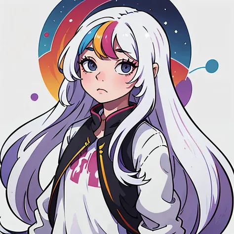 make a girl with long white hair with a colored streak, roupa colorida e um arco iris atras