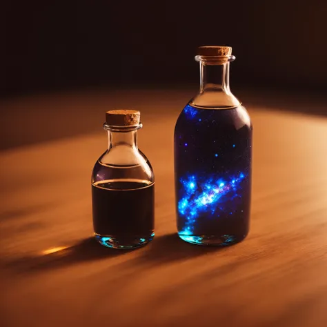 galaxy, bottle on table, (intricate details:1.22), hdr, (intricate details, hyperdetailed:1.2), whole body, cinematic, intense, cinematic composition, cinematic lighting, (rim lighting:1.3), color grading, focused,