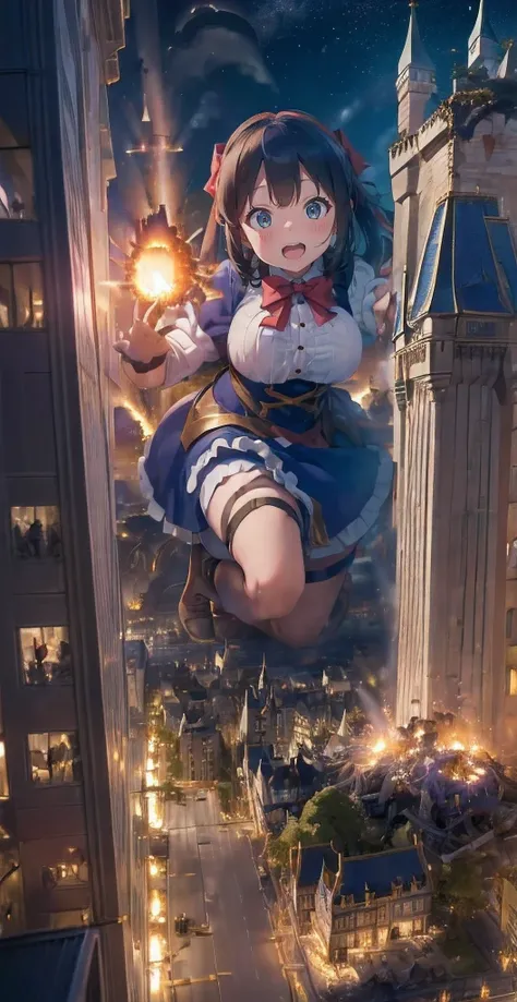 ファイナルfantasy world,fantasy world、(((dark hero))),White Gothic Idol Princess Ruffle Ribbon Maid Clothes、A girl bigger than a castle、background blur、Gulliver&#39;trip、alice in wonderland、city of rubble、super huge breasts、big breasts、big breasts、big breasts、b...