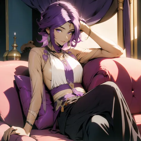 a 30-year-old woman dressed in arab dress, purple hair, purple eyes, is sitting on a red sofa in a luxurious room of an arab pal...