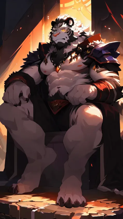 white tiger，Whole body，white fur，Black stripes，male，elderly，uncle，general，Mature，Handsome，majesty，Domineering，Strong build，8 pack abs，light golden pupils，black hair，beard，Generous animal paws，shirtless，barefoot，Theropods，Claw，armor，sit on the throne