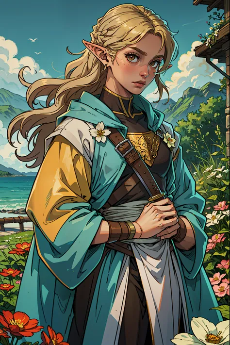 SeaArt Txt2Img Robot 00:46:35 young and serene face, brown or blond hair and brown eyes, flowers everywhere,elf ears , holding a sword,sworde in hand
