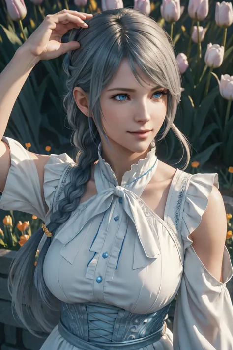 jill warrick,final fantasy 16,ff16,silver hair,long hair,take down your bangs,1 long braid,beautiful blue eyes,white skin,white ...