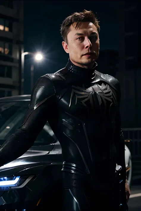 elon musk, black venom suit, spiderman suit, tesla, black car, night, gotham city,