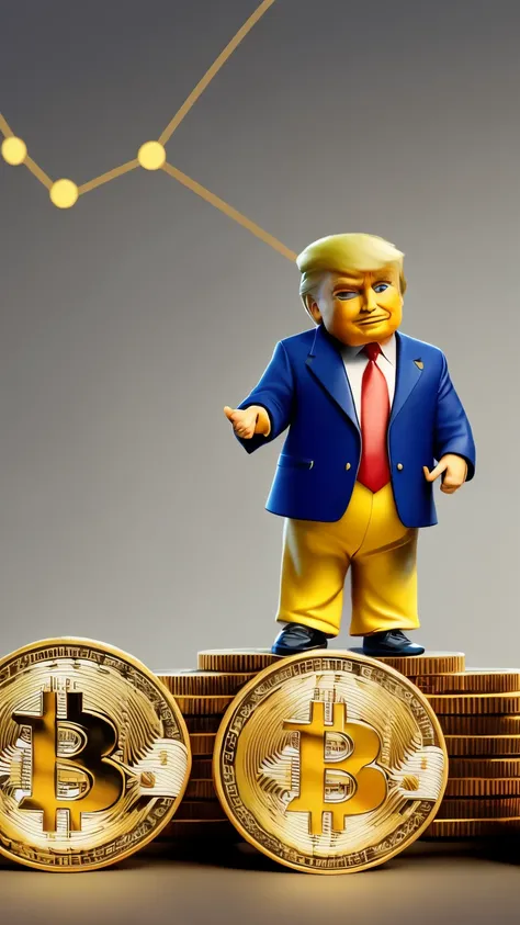 masterpiece, high res, 1 character, Donald Trump, business suit, red tie, confident, Bitcoin logo, masterpiece, top quality, 1 character, Donald Trump, Bitcoin rally, victory sign, digital currency symbol around him, economic data charts, confident express...