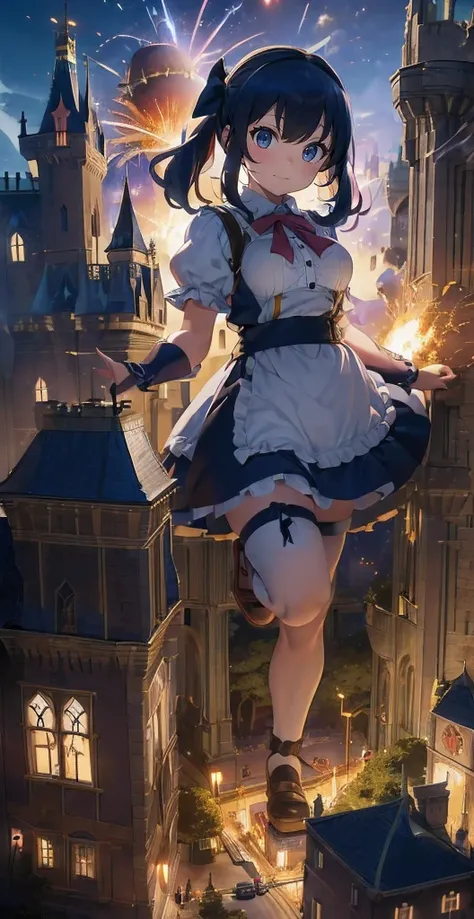 ファイナルfantasy world,fantasy world、(((dark hero))),White Gothic Idol Princess Ruffle Ribbon Maid Clothes、A girl bigger than a castle、background blur、Gulliver&#39;trip、alice in wonderland、city of rubble、super huge breasts、big breasts、big breasts、big breasts、b...