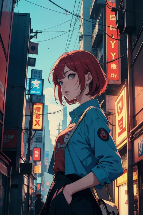  best qyality, perky tits, anime girl with red hair and blue shirt stands in front of a neon city, Anime style, seductive anime girl, lofi girl, retro anime girl, Anime style. 8k, 80s anime vibe, anime vibe, cyberpunk digital anime art, 80s anime art style...