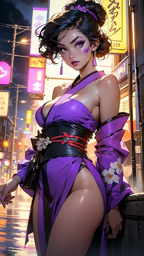 1girl, ((Black hair)), ((Kimono, Geisha)), ((heavy face makeup)), ((hair done up in a Sakkō style)), ((white face paint)), ((heavy makeup, purple eyeliner, purple lips, purple eyeshadow)),large breast:1.4,big booty,(spider lower abdomen,narrow waist,wide h...