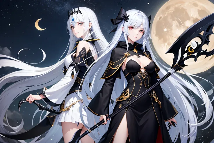 （high quality、masterpiece、be familiar with、normal body、A body without defects）（（Beautiful girl with Death Scythe in her right hand:1.4、Executioners、grim Reaper、silver hair、Black bristles、Golden eyes that emit a mysterious light））、Wearing a mysterious black...