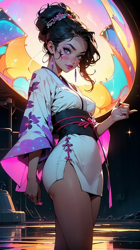 1girl, ((Black hair)), ((Kimono, Geisha)), ((heavy face makeup)), ((hair done up in a Sakkō style)), ((white face paint)), ((heavy makeup, purple eyeliner, purple lips, purple eyeshadow)),large breast:1.4,big booty,(spider lower abdomen,narrow waist,wide h...