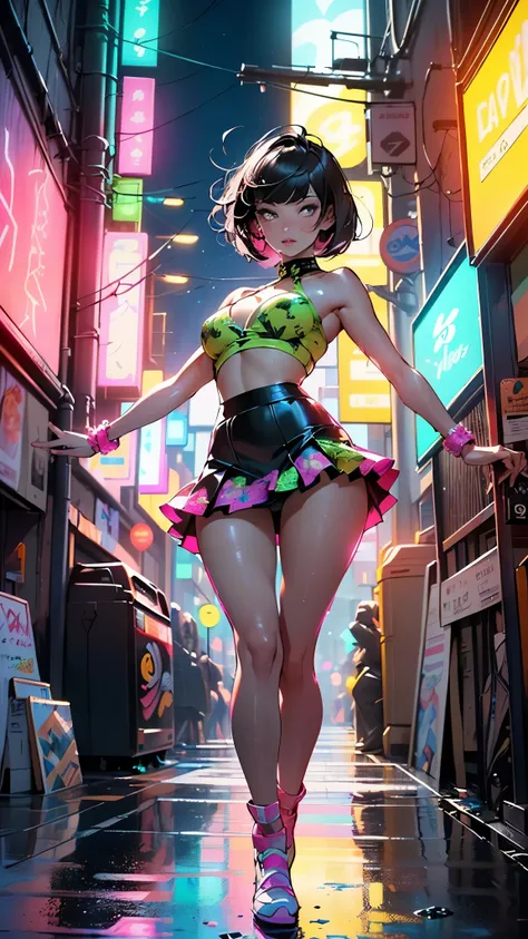 girl dancing,(((1girl))),((girl with extremely cute and beautiful black hair)),

(large breasts:1.4),(((black hair:1.35,hair over one eye, blunt bangs, long sideburns, messy hair, bob cut))),(((eyes_green:1.3))),intricate eyes,beautiful detailed eyes,symme...