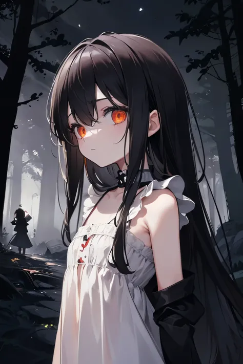 ((masterpiece, best quality)), (((grimdark))), wandering in the dark forest, wild, girl, (((children))), 9 years old, darkness, wearing only a ruined sleeveless ((white nightshirt)), long black hair, orange eyes, night, fantasy dark forest, horror, (((nigh...