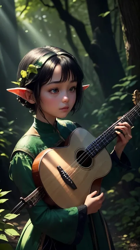 In the heart of a light green forest, there lies a breathtaking masterpiece. An innocent elf girl, with a tender age of 35, stands in awe, her short black hair framing her perfectly symmetrical face and eyes. With a twinkle of magic in her gaze, she holds ...