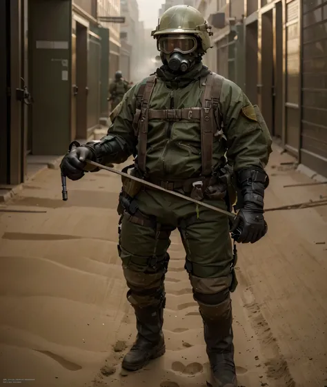 engineer in anti-radiation suit, construction helmet, advanced tactical gas mask, Mono beige, guantes largos de latex negros, botas de seguridad militares negras, arneses, tool belt, is on a battlefield in the desert, gafas verdes, greenish atmosphere, mod...