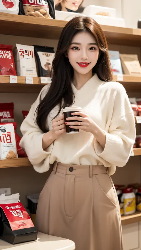 beautiful girl, korean makeup, korean girl, red lips, smiling, girl having coffee in the store.