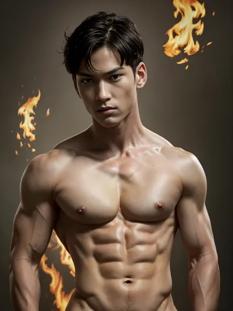 Photorealistic, ((best quality)), ((masterpiece)), (detailed), (barechested:1.7) Create an illustrated portrait of young Prince Zuko {from "Avatar: The Last Airbender". Illustrate him with a strong square jawline, gaunt cheeks and face, shirtless, with att...