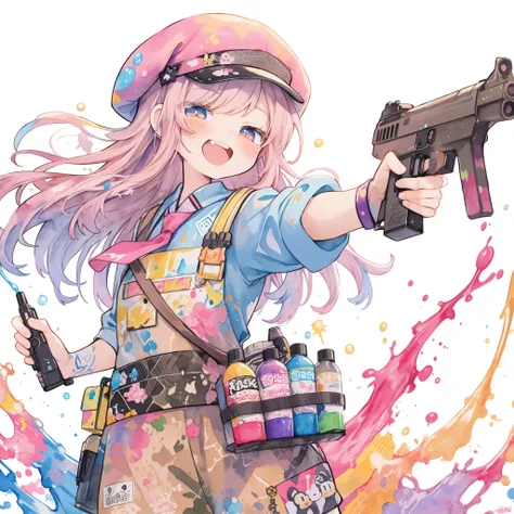 Anime girl with a gun and paint splatters around her, correct hand、pastel watercolor anime、action👊、colorfulな世界で作業服とベレー帽を身に着けカラーボトルを腰にぶら下げてインクの入った銃を持って戦う女の子は笑顔、Splattering ink、ink splash、splash mountain、Inspired by Decora illustrations, colorful concept art...