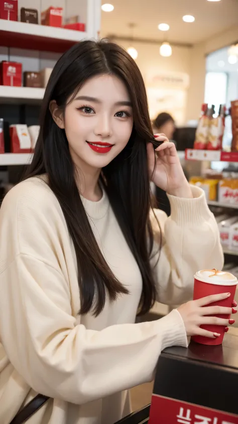 beautiful girl, korean makeup, korean girl, red lips, smiling, girl having coffee in the store.