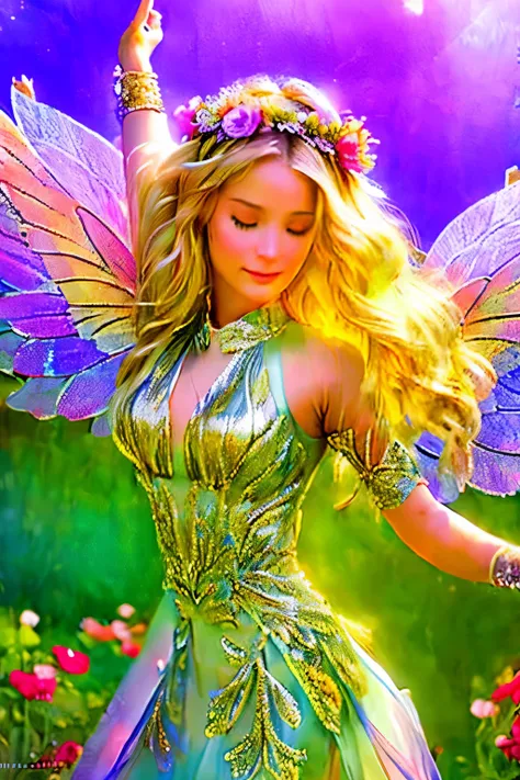 the highest masterpiece,classical art, best quality, летящая по воздуху прекрасная fairy with a flower in her hand , large color...