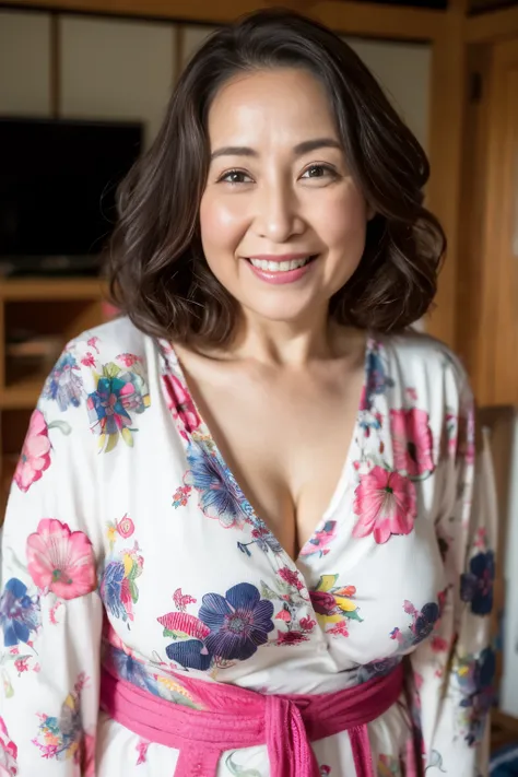 (highest quality, 8k, masterpiece: 1.3)), sharp focus, High resolution, High resolution, alone, Japan, middle-aged women, beauty, very fat, ４０old wavy pink hair, Take off your kimono and become nude, wrinkles around the eyes, whole body, laughter, wink, Me...