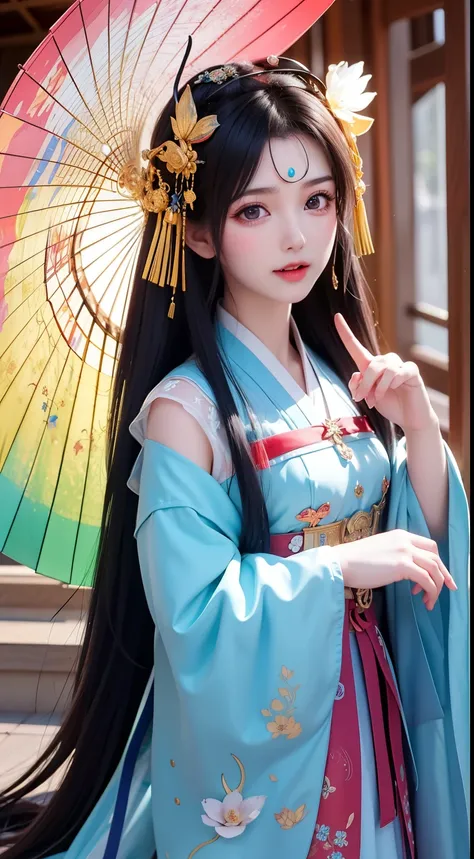 (8k, original photo:1.2), best quality, ultra high resolution,dramatic angle,(Fluttering detail color splash), (illustration),(((1 girl))),(long hair),(rain:0.9), (headgear:1.4),There is an ancient palace next to the girl,Hanfu,(focus),color ink painting,(...