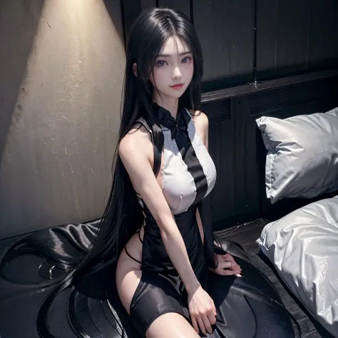 (best image quality、highest quality、highest resolution、Super realisticな写真撮影、full body photo、masterpiece、16ｋ、）1 girl、Amazingly long black hair is super beautiful、hair length about 3 meters、white underwear or naked、Hide your whole body with straight black ha...