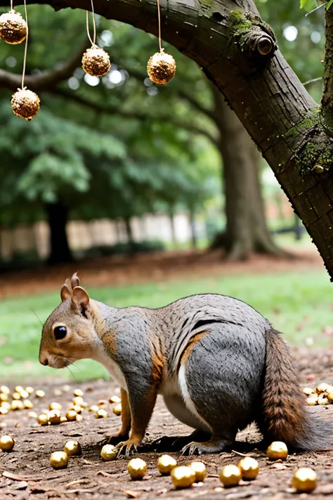 A squirrel stumbles upon a literal "nut farm" – a money tree overflowing with golden acorns.