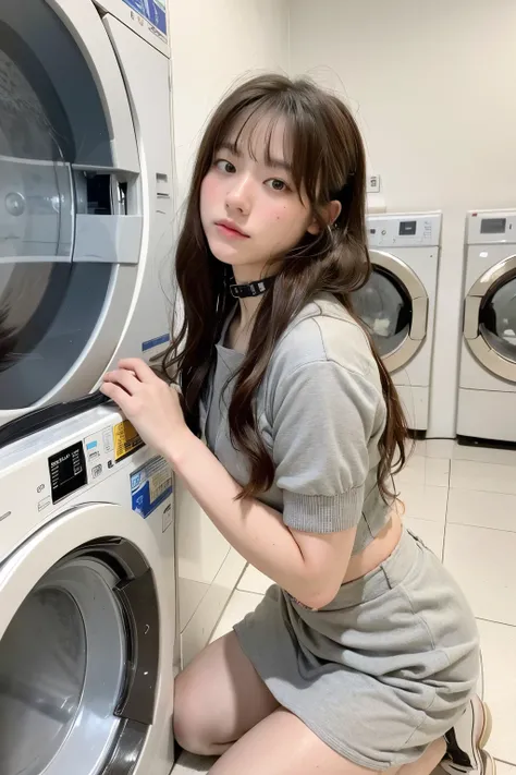 (8k, best quality, masterpiece, ultra highres:1.2) Photo of Pretty Japanese woman
 in the (style of paul rubens and rebecca guay:1.1) (melancholy laundromat:1.4),((Wearing a pet collar )),