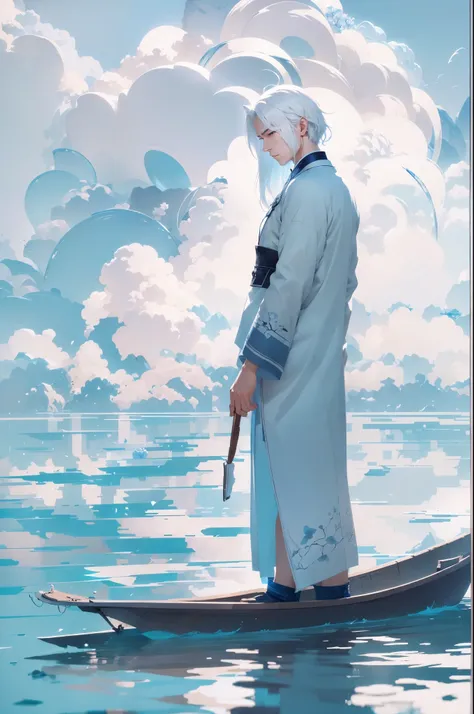 White-haired men floating on the water，minimalist，large areas of blue，animation art style，palette bright，，dark white and light sky blue，Senqi，Precision