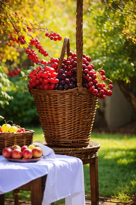 autumn still life - table on the street (in the garden), on the table there is a beautiful wicker basket with one handle , red a...