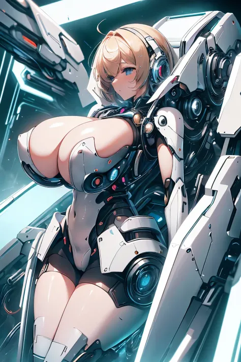 masterpiece , best quality ,1 voluptuous girl , latex , powered exoskeleton combat suit , (gigantic tits:1.2) , thick thigh , gigantic hip ,gold hair , short hair , cable attached to the whole body , folded with char , small room , surrounded by sci-fi mac...