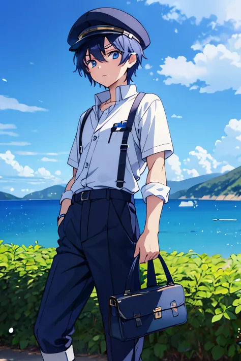 Anime Boy, dark blue hair, blue eyes, navy blue hat, white jacket, navy blue shirt, blue pants, black shoes, green grassy hills background, calm expression, bright, sunny day, seaside, close-up portrait, standing position