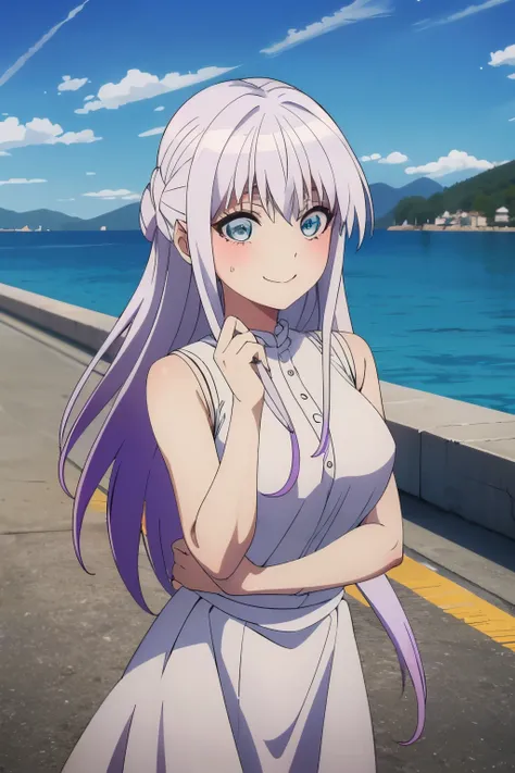 the anime character with long white-purple-silver hair, has a big smile, 1girl, solo, smile, gradient hair, long hair, outdoors, multicolored hair,large breasts, sleeveless, looking at viewer, blue eyes.5fingers