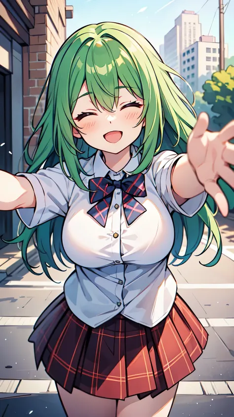 ((A Pretty High School girl with green hair)), ((Wearing white shirt and plaid skirt)), Baby face, ((master piece, top-quality, ultra-definition, high resolution)), anime girl, ((ultra-detailed illust:1.2)), only one person, bangs, hair between eye, beauti...