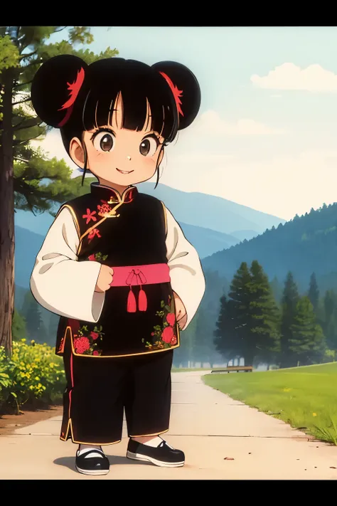 souaru,chinese clothes,black eyes,pants,retro artstyle,1girl,solo,,1980s \(style\),happy,black hair,long_sleeves,