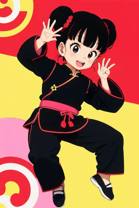 souaru,chinese clothes,black eyes,pants,retro artstyle,1girl,solo,,1980s \(style\),happy,black hair,long_sleeves,