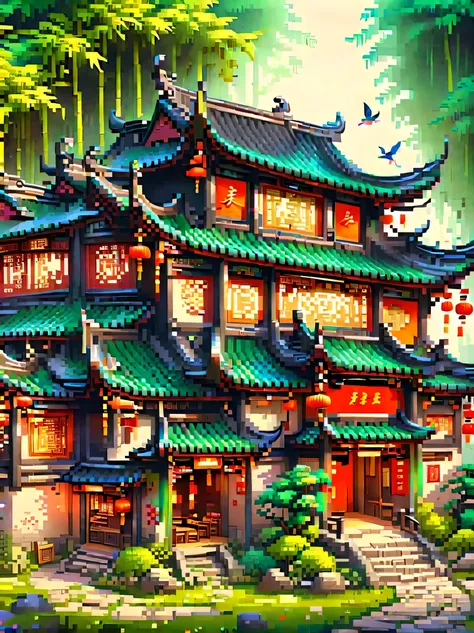 (masterpiece, best quality:1.2), ancient chinese house，bright colors，traditional building，bamboo forest，black tile roof，flower p...