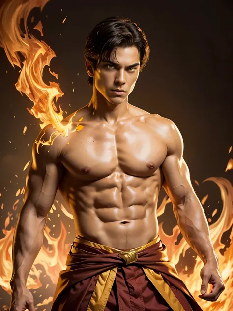 Photorealistic, handsome male model, masculine Asian mix guy, mixed race, (young, 18 year old:1.5), ((best quality)), ((masterpiece)), (detailed), (barechested:1.7) Create an illustrated portrait of young Prince Zuko from "Avatar: The Last Airbender". Illu...