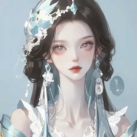 There is a doll，There is a blue skirt and a white skirt, space flower Fairy, astral Fairy, Elf, ethereal fantasy, ethereal!!!!!!!, Fairy, There are frozen flowers around her, 美麗的Fairy, water Fairy, beautiful Fairy, of ethereal fantasy, 微笑如Immortal King, Hu...