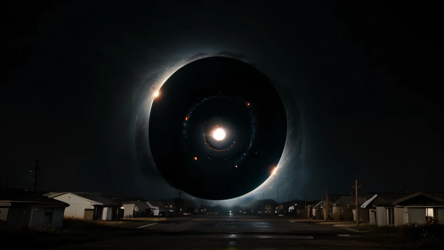 photorealistic cosmic black hole in the sky above wet abandoned suburban town